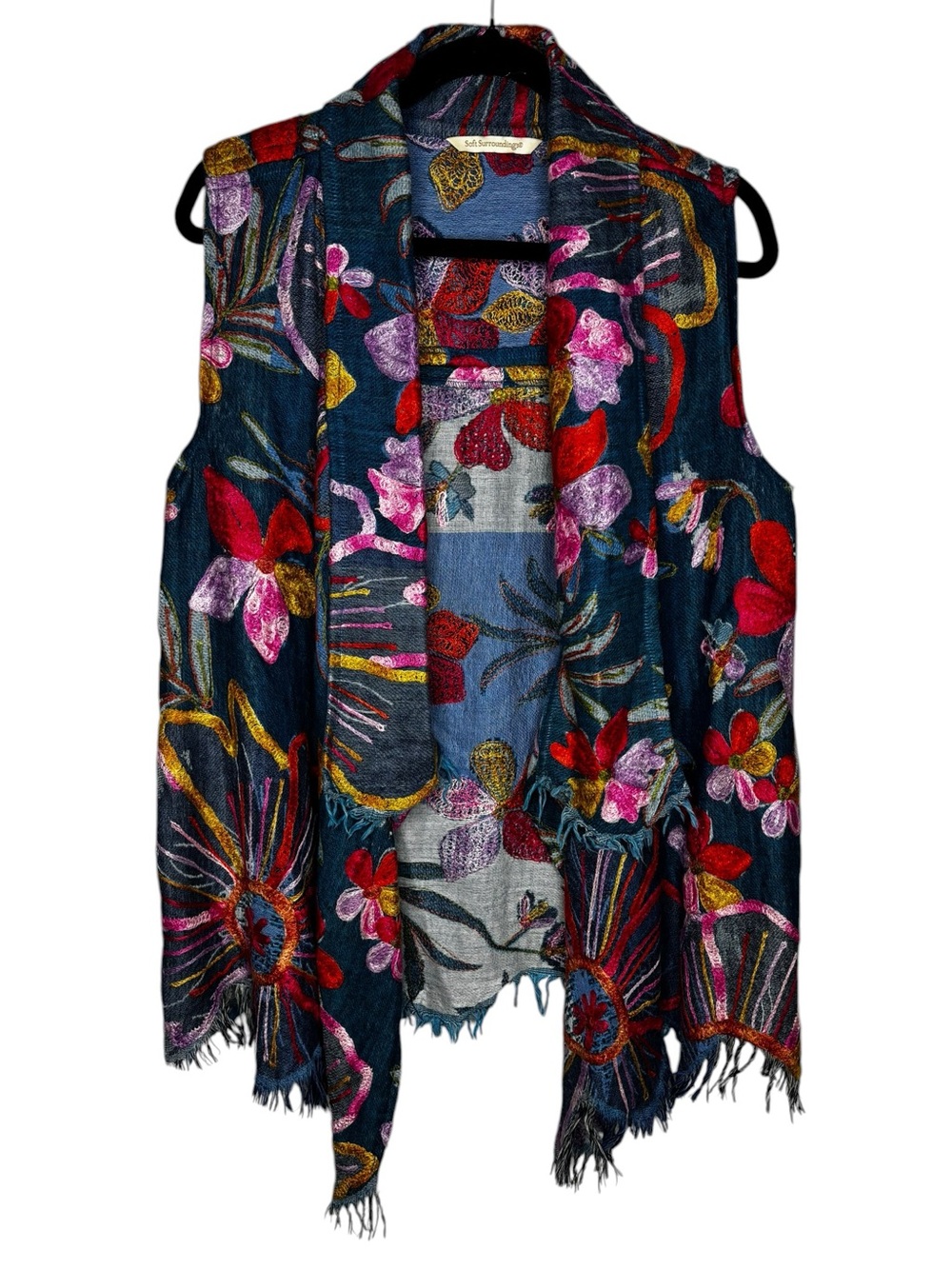 Soft Surroundings Wool Maximalist Embroidered Floral Vest S/M Vibrant Fringe